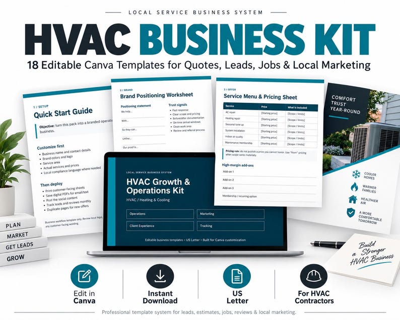 May include: An HVAC business kit featuring 18 editable Canva templates for quotes, leads, and marketing. The display includes a laptop showing the HVAC Growth & Operations Kit, various printed documents, and four stacked blocks labeled Plan, Market, Get Leads, and Grow.