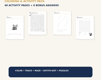 TILQO Kids Activity Book | 40 Printable Coloring, Maze, Tracing & Dot to Dot Pages | Fennec Fox Busy Book | Digital Download