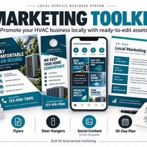 May include: A marketing toolkit for HVAC businesses featuring a flyer, door hanger, smartphone displaying social media templates, and a 30-day local marketing plan. The set includes icons for flyers, door hangers, social content, and a 30-day plan.