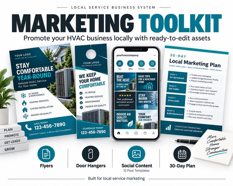 May include: A marketing toolkit for HVAC businesses featuring a flyer, door hanger, smartphone displaying social media templates, and a 30-day local marketing plan. The set includes icons for flyers, door hangers, social content, and a 30-day plan.