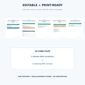 May include: A digital product bundle featuring five editable DOCX workbooks and five matching PDF versions for cleaning businesses. The documents include a CEO planner, service forms, a sales kit, an operations manual, and a marketing file.