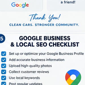 May include: A white informational graphic titled Google Business & Local SEO Checklist with the number 15 in a blue circle. It lists six steps with blue checkmarks, including setting up a profile, adding information, and using local keywords.