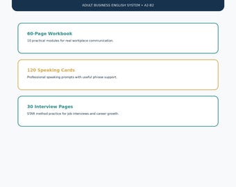 Business English ESL Bundle A2-B2 | 60-Page Workplace Workbook, 120 Speaking Cards, Job Interview Practice, Adult English Printable