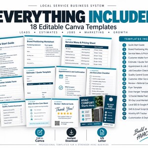 May include: A collection of 18 editable Canva templates for a local service business system, including a quick start guide, brand positioning worksheet, service menu, estimate, job execution checklist, and marketing materials in US letter size.