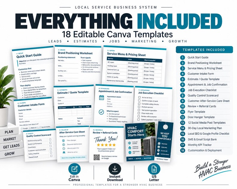 May include: A collection of 18 editable Canva templates for a local service business system, including a quick start guide, brand positioning worksheet, service menu, estimate, job execution checklist, and marketing materials in US letter size.