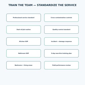 May include: A training chart titled TRAIN THE TEAM &mdash; STANDARDIZE THE SERVICE with ten rectangular boxes containing text: Professional service standard, Cross-contamination controls, Start-of-job routine, Quality-control standard, Kitchen SOP, Incident + damage response, Bathroom SOP, 5-day new-hire training plan, Bedrooms + living areas, and Field performance review.