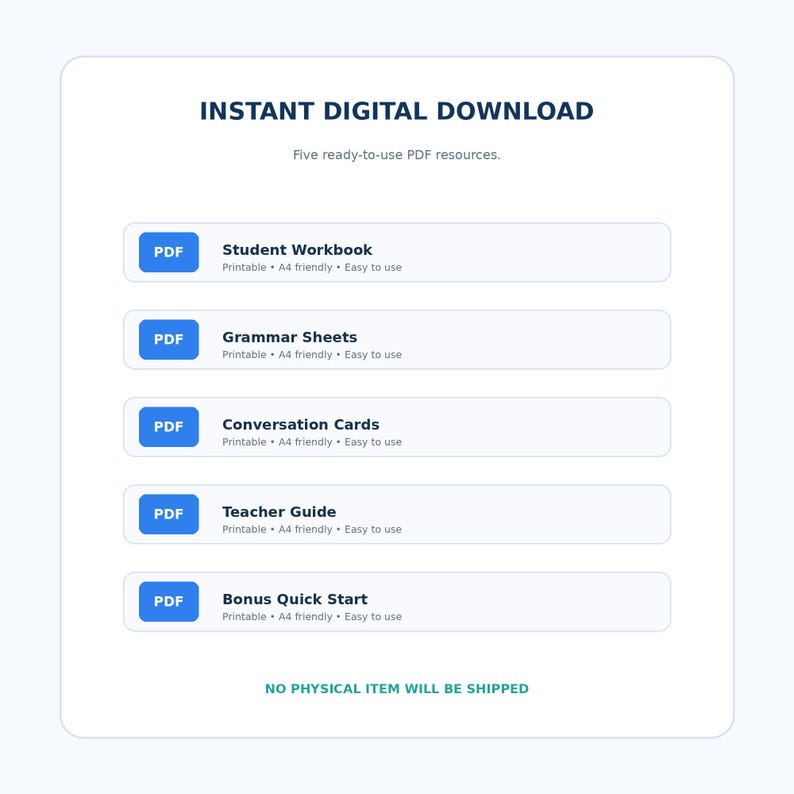 Pode incluir: Um gr&aacute;fico de download digital instant&acirc;neo apresentando cinco recursos em PDF: Student Workbook, Grammar Sheets, Conversation Cards, Teacher Guide e Bonus Quick Start. Cada item &eacute; rotulado como imprim&iacute;vel, compat&iacute;vel com A4 e f&aacute;cil de usar.
