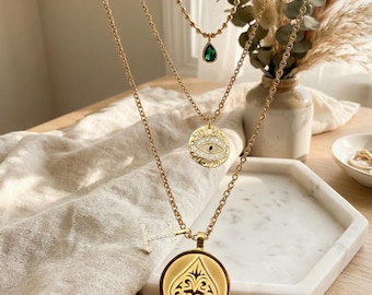 Brad Pitt F1 Necklace Set | Sonny Hayes Ace of Spades Pendant | Gold Layered Evil Eye & Emerald Charm | Formula 1 Movie Replica Jewelry