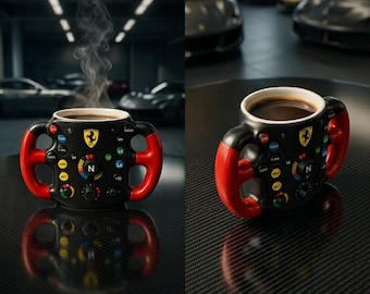 F1ステアリングホイール3Dマグカップ｜フォーミュラ1レーシングコーヒーカップ｜3D樹脂＆ステンレススチール｜パドックファンへの男性向けギフト