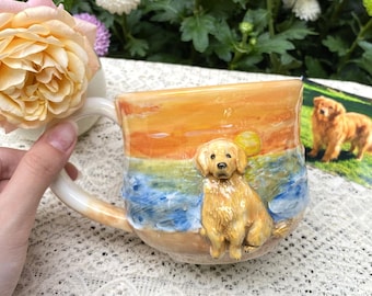 Sculpted Pet Portrait Mug – 3D Ceramic Dog Cup with Watercolor Sunset | Unique Handmade Memorial Gift for Pet Lovers
