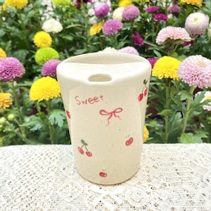 Hand Painted Cherry Travel Mug, 3 Sizes, Artisan Ceramic Gift for Her, Coquette Red Bow Cup, Handmade Pottery Tumbler, Birthday Mothers Day