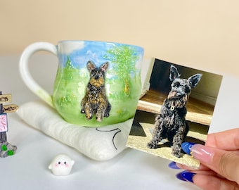 Sculpted Pet Portrait Mug – 3D Ceramic Dog Cup with Watercolor Sunset | Unique Handmade Memorial Gift for Pet Lovers