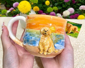 Sculpted Pet Portrait Mug - 3D Ceramic Dog Cup with Watercolor Sunset | Unique Handmade Memorial Gift for Pet Lovers