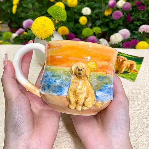 Sculpted Pet Portrait Mug - 3D Ceramic Dog Cup with Watercolor Sunset | Unique Handmade Memorial Gift for Pet Lovers