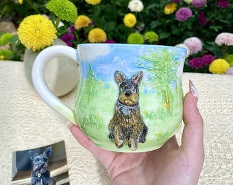 Sculpted Pet Portrait Mug – 3D Ceramic Dog Cup with Watercolor Sunset | Unique Handmade Memorial Gift for Pet Lovers