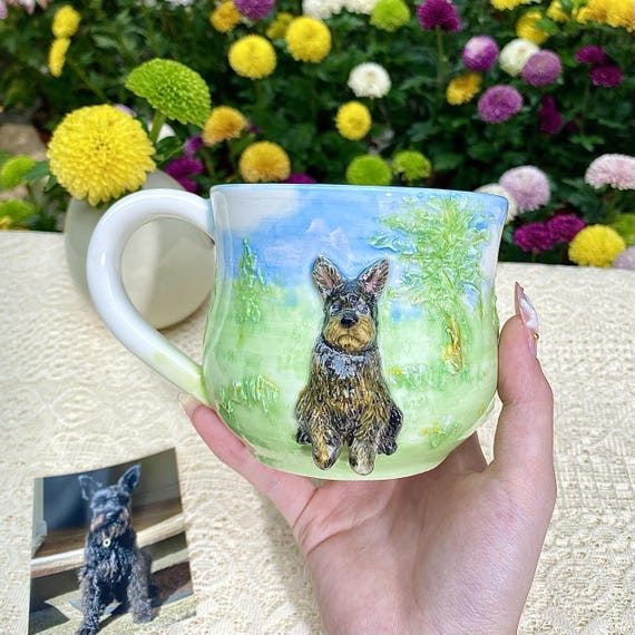 Sunset Dog Portrait Mug, Custom 3D Pet Sculpture Coffee Cup, Handmade Memorial Gift for Dog Mom
