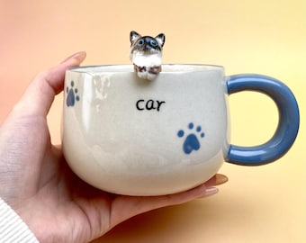 Kattenliefhebber kiekeboemok, aangepaste 3D kattensculptuur koffiekopje, handgemaakt keramisch cadeau van foto
