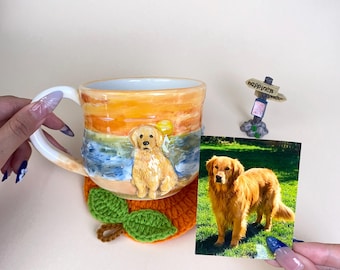 Sculpted Pet Portrait Mug – 3D Ceramic Dog Cup with Watercolor Sunset | Unique Handmade Memorial Gift for Pet Lovers