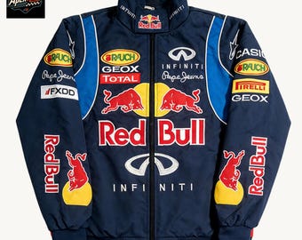 Vintage Red Bull Racing-jacka, Infiniti F1-bombplan, broderade kläder från Y2K Motorsport