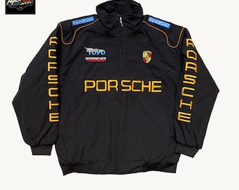 Vintage Porsche Rennjacke mit Stickerei, Y2K Motorsport Bomberjacke, Retro Streetwear Windbreaker