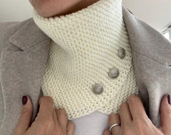 Cream Knit Neck Warmer with Buttons - Handmade & Stylish Scarf, Gift for Women