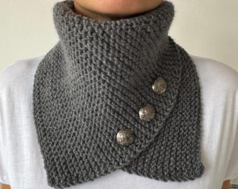 Gray Knit Neck Warmer with Buttons - Handmade & Stylish  Scarf, Gift for Women