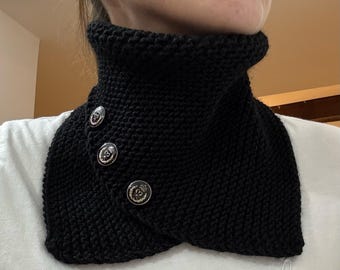 Black Knit Neck Warmer with Buttons-Handmade & Stylish Scarf, Gift for Women