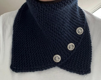 Navy Knit  Neck Warmer with Buttons-Handmade & Stylish Scarf, Gift for Women