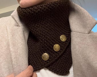 Brown Knit Neck Warmer with Buttons - Handmade & Stylish Scarf, Gift for Women