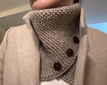 Taupe Knit Neck Warmer with Buttons - Handmade & Stylish Scarf, Gift for Women
