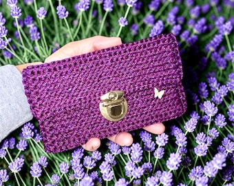Sparkly Lucky Purple Crochet Wallet with Gold Butterfly Charm – Luxury Handmade Abundance Companion Purse