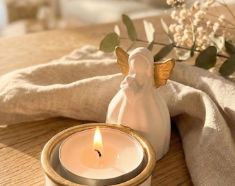 Porte-bougie chauffe-plat Ange Gardien Doré – Cadeau de baptême et de naissance – Réconfort pour les enfants mort-nés – Décoration Raysin avec véritable feuille d'or – Communion