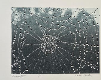 Morning Dew, Limited Edition Reduction Lino Print, Spider Web, Original Art