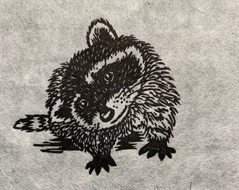 Hey! Cute Raccoon Lino Print, hand printed