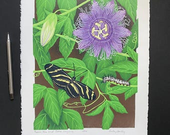 Zebra Longwing Butterfly Print: Passion Vine Botanical Lino Print