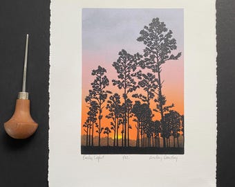 Early Light, Limited Edition Reduction Print, Sunrise, Florida Landscape, Pine Trees