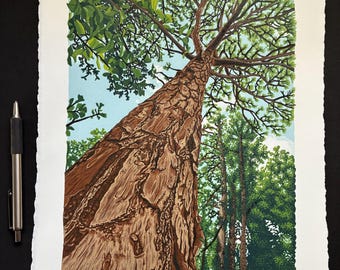 Golden Pine, Limited Edition Reduction Lino Print, Tree Print