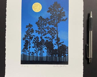 Rising, Limited Edition Reduction Lino Print, Full Moon, Florida Landscape, Pine Trees, Original Art