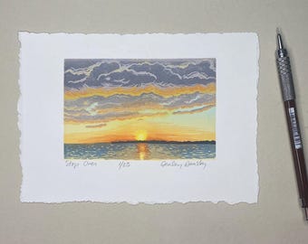 Limited Edition Sunset Lino Print: Florida Beach Art