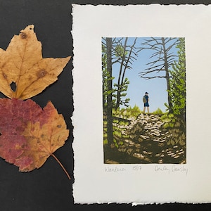 Wanderer, Impresión en linóleo de edición limitada, Impresión de excursionista, Bosques