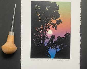 Dusky Moon, Limited Edition Reduction Print, Original Art, Full Moon, Dusk