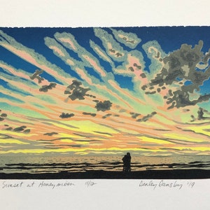 Sunset at the beach, reduction print, Lino print, landscape, seashore, hand made, limited edition