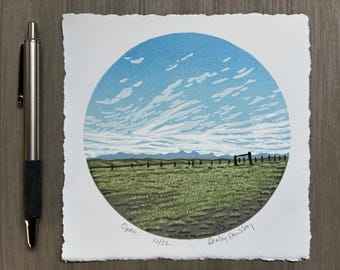 Open, Limited Edition Reduction Lino Print, Montana Landscape, Blue Skies