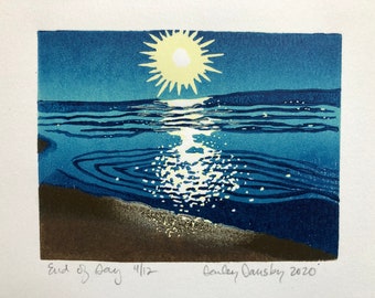 Honeymoon Island Sunset Lino Print, Beach Seascape, Limited Edition