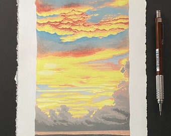 De Soto Sky, Limited Edition Reduction Lino Print, Sunset and Beach