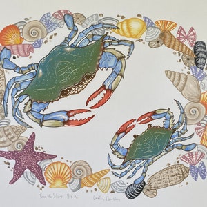 From the Shore, Limited Edition Reduction Lino Print, Crab and Shells