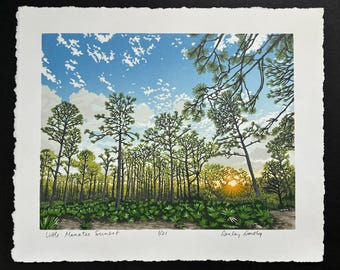 Little Manatee Sunset, Limited Edition Reduction Lino Print, Sunset, Pine Tree, Florida Landscape