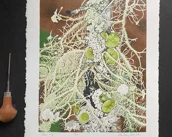 Lichen Print: Limited Edition Reduction Lino Print, Nature Art