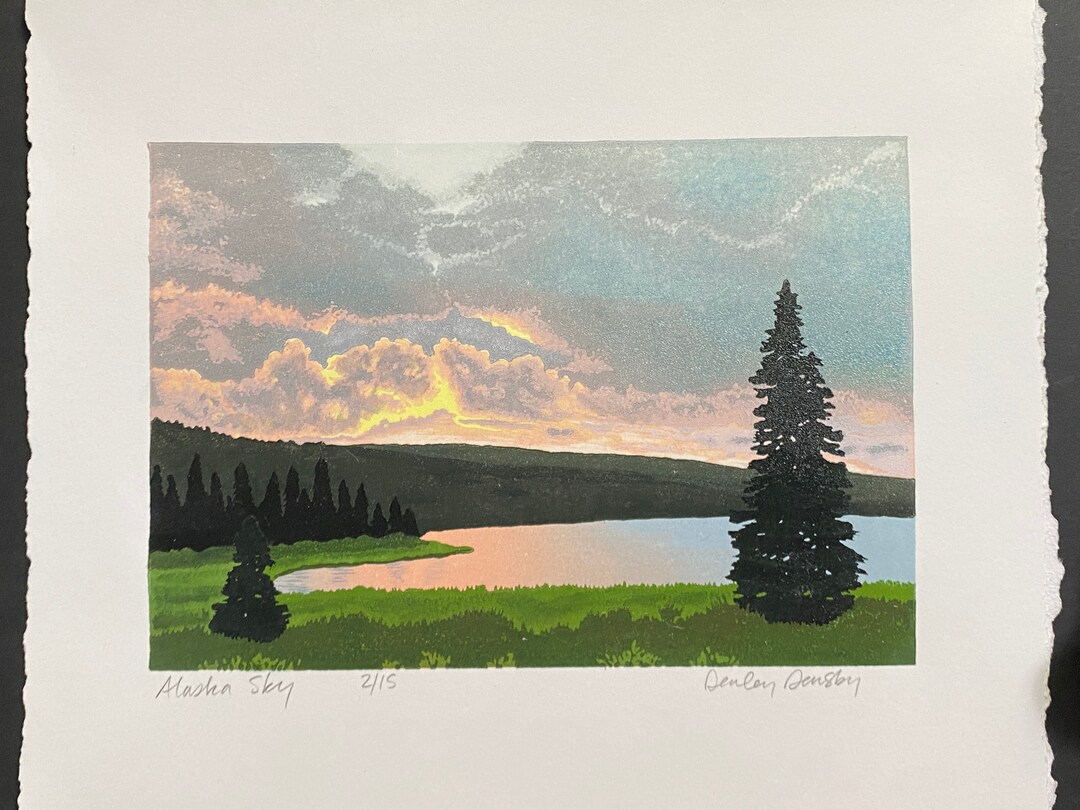 Alaska Sky, Limited Edition Reduction Lino Print, Sunset, Water ...
