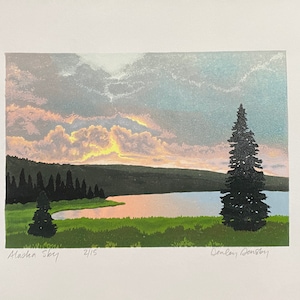 Alaska Sky, Limited Edition Reduction Lino Print, Sunset, Water, Reflection